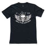 Black unisex short sleeve cotton t-shirt with Hell for Leather rocker logo, front view