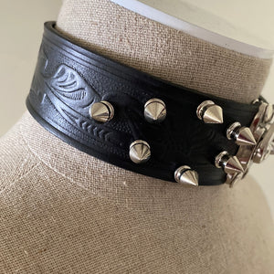 Floral embossed leather spiked collar OBEY