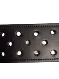 Black leather paddle with high quality stitching and holes on a white background